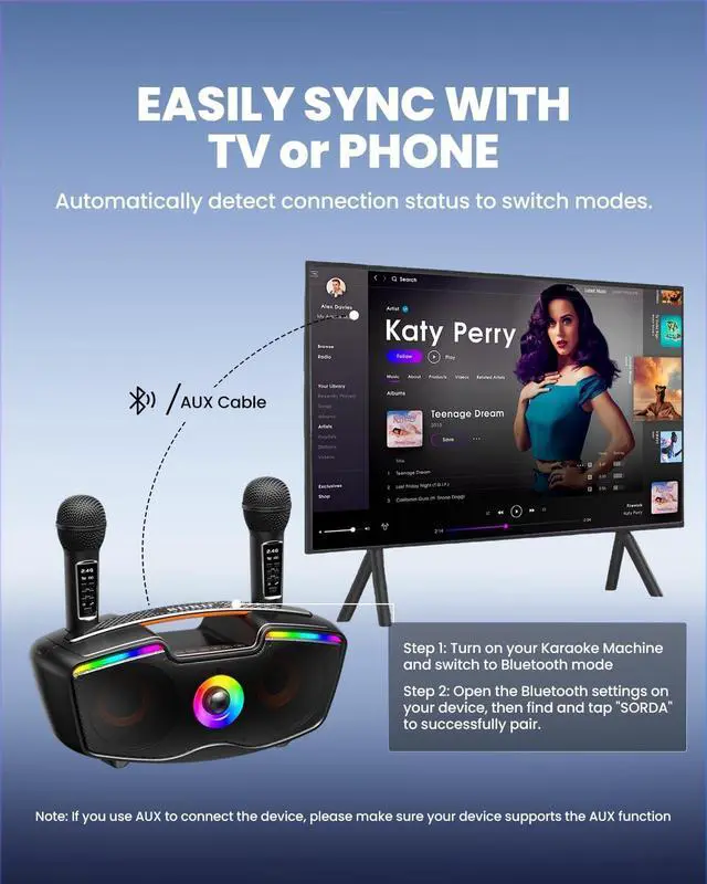 Alt view image 7 of 7 - Bluetooth Karaoke Machine for Adults & Kids, 80W Portable Speaker with 2 Wireless Microphones, Echo Adjustment, Support USB/AUX/TF Card, for Outdoor/Indoor Gathering Gifts