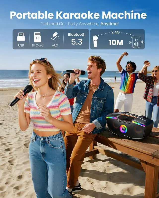 Alt view image 5 of 7 - Bluetooth Karaoke Machine for Adults & Kids, 80W Portable Speaker with 2 Wireless Microphones, Echo Adjustment, Support USB/AUX/TF Card, for Outdoor/Indoor Gathering Gifts