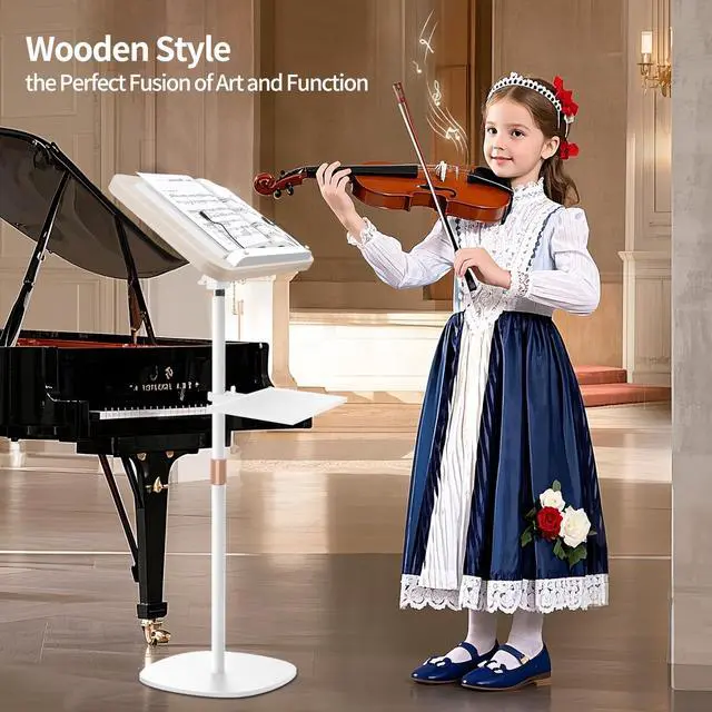 Alt view image 3 of 6 - 2-in-1 Wooden Music Stand, Floor & Tabletop Sheet Music Stand with Tray | Music Stand for Sheet Music 16.5"-51" Adjustable Height & Tilting Angle, Ideal for Violin, Guitar & Classroom (White)