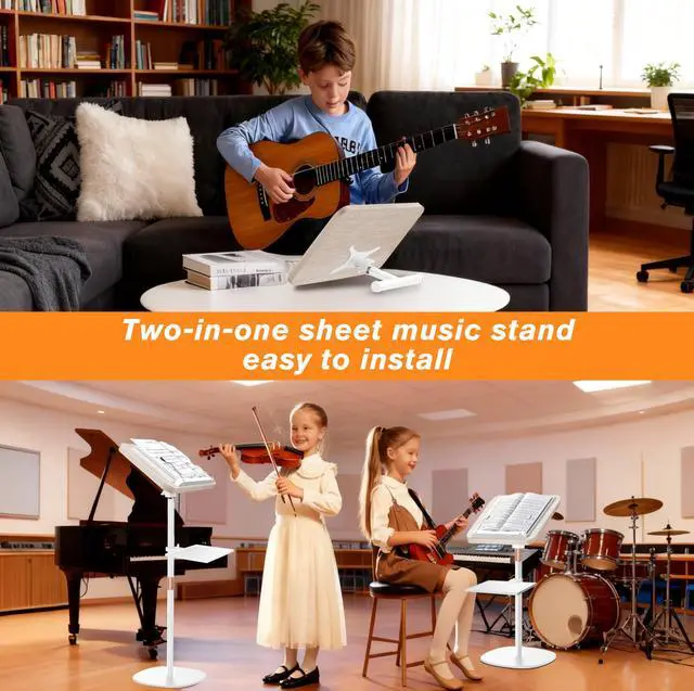 Alt view image 2 of 6 - 2-in-1 Wooden Music Stand, Floor & Tabletop Sheet Music Stand with Tray | Music Stand for Sheet Music 16.5"-51" Adjustable Height & Tilting Angle, Ideal for Violin, Guitar & Classroom (White)
