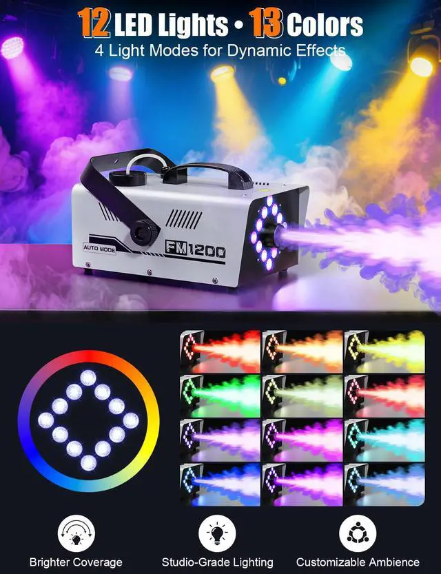 Alt view image 3 of 7 - Fog Machine Outdoor Indoor 1200W, 6000CFM Smoke Machine with 12 LED Lights | 13 Colors & 4 Effects, Dual Wireless Remotes & Auto Fogger for Halloween, Parties, DJ, Stage, Wedding Events