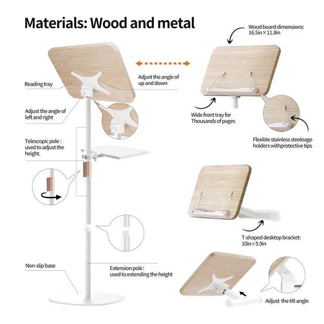 Alt view image 6 of 6 - 2-in-1 Wooden Music Stand, Floor & Tabletop Sheet Music Stand with Tray | Music Stand for Sheet Music 16.5"-51" Adjustable Height & Tilting Angle, Ideal for Violin, Guitar & Classroom (White)