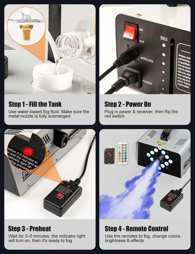 Alt view image 6 of 7 - Fog Machine Outdoor Indoor 1200W, 6000CFM Smoke Machine with 12 LED Lights | 13 Colors & 4 Effects, Dual Wireless Remotes & Auto Fogger for Halloween, Parties, DJ, Stage, Wedding Events