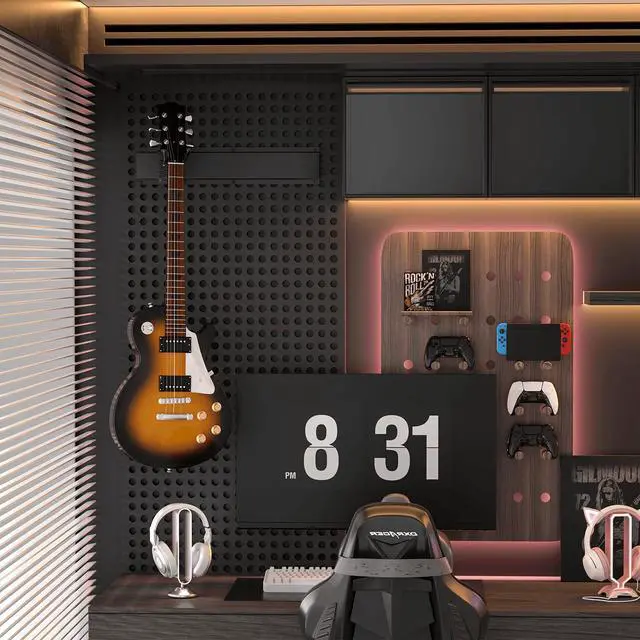 Alt view image 7 of 7 - Guitar Wall Mount, Woodgrain Rack with 6 Adjustable Guitar Hangers, Guitar Wall Hanger with Pre-Drilled Holes, 48" Alloy Steel Multiple Guitar Holder Stand,Black