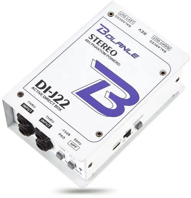 Main image of J22 Active Stereo DI Box, Dual Channel Direct Box with 48V Phantom/9V Battery/USB Power, XLR 1/4 inch, Ground Lift, Polarity Switch for Guitar, Bass, Keyboard, Live Stage, Church