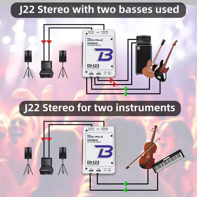 Alt view image 3 of 7 - J22 Active Stereo DI Box, Dual Channel Direct Box with 48V Phantom/9V Battery/USB Power, XLR 1/4 inch, Ground Lift, Polarity Switch for Guitar, Bass, Keyboard, Live Stage, Church