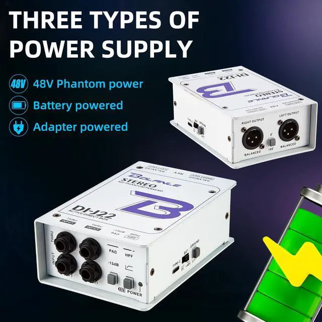 Alt view image 4 of 7 - J22 Active Stereo DI Box, Dual Channel Direct Box with 48V Phantom/9V Battery/USB Power, XLR 1/4 inch, Ground Lift, Polarity Switch for Guitar, Bass, Keyboard, Live Stage, Church