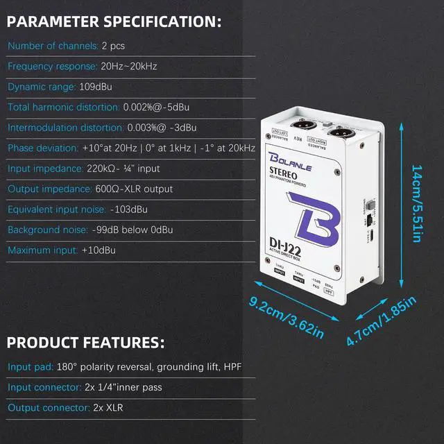 Alt view image 5 of 7 - J22 Active Stereo DI Box, Dual Channel Direct Box with 48V Phantom/9V Battery/USB Power, XLR 1/4 inch, Ground Lift, Polarity Switch for Guitar, Bass, Keyboard, Live Stage, Church
