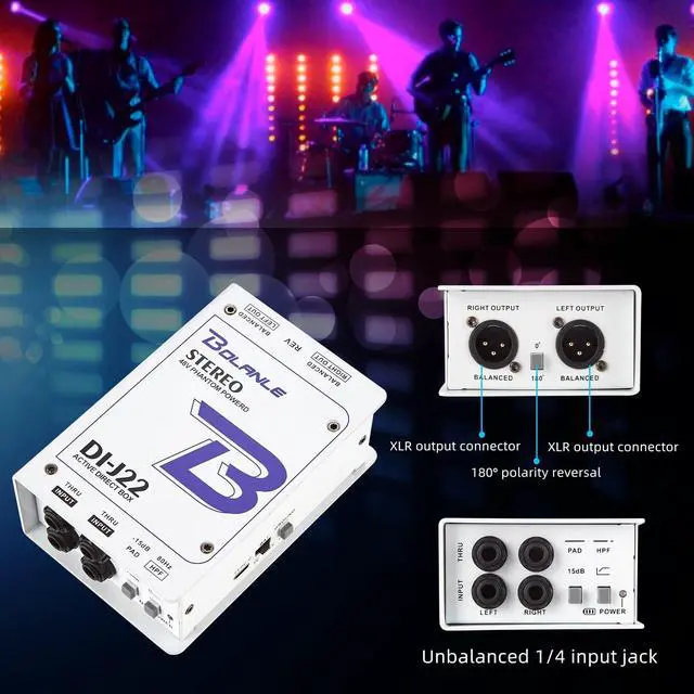 Alt view image 6 of 7 - J22 Active Stereo DI Box, Dual Channel Direct Box with 48V Phantom/9V Battery/USB Power, XLR 1/4 inch, Ground Lift, Polarity Switch for Guitar, Bass, Keyboard, Live Stage, Church