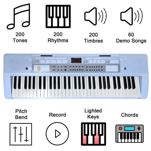 Alt view image 3 of 7 - 61 Key Electronic Keyboard Piano with Lighted Up Keys, Musical Mini Keyboard Piano with keyboard stand, Digital Portable Synthesizer Keyboards for Beginners Kids Adults (Blue)
