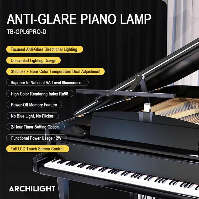 Alt view image 2 of 7 - Stella-Pro Piano Light Double Arm Clip On: Professional Design, Asymmetric, Anti-Glare Lighting,Light Sensor,3000K~6500K CCT Adjustable, Dimmable, 12W LED Eye Protection