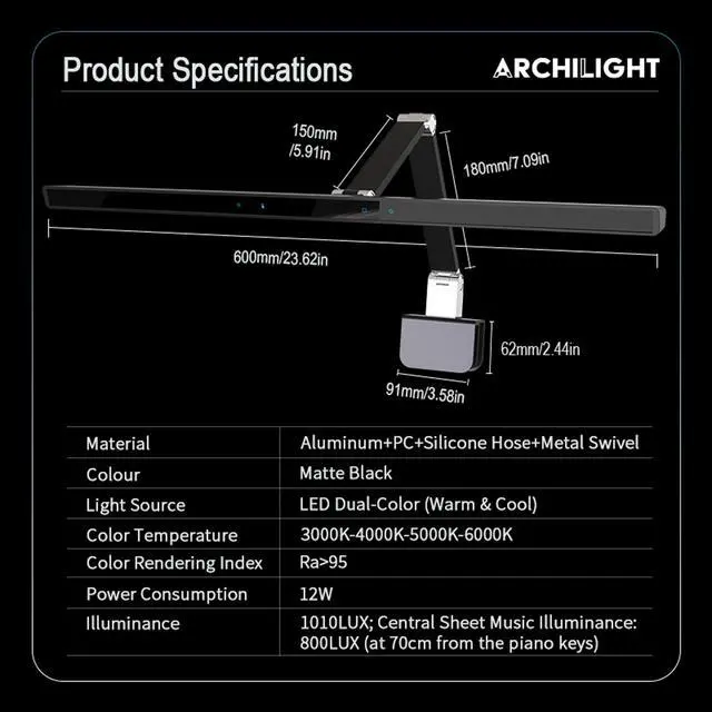 Alt view image 3 of 7 - Stella-Pro Piano Light Double Arm Clip On: Professional Design, Asymmetric, Anti-Glare Lighting,Light Sensor,3000K~6500K CCT Adjustable, Dimmable, 12W LED Eye Protection