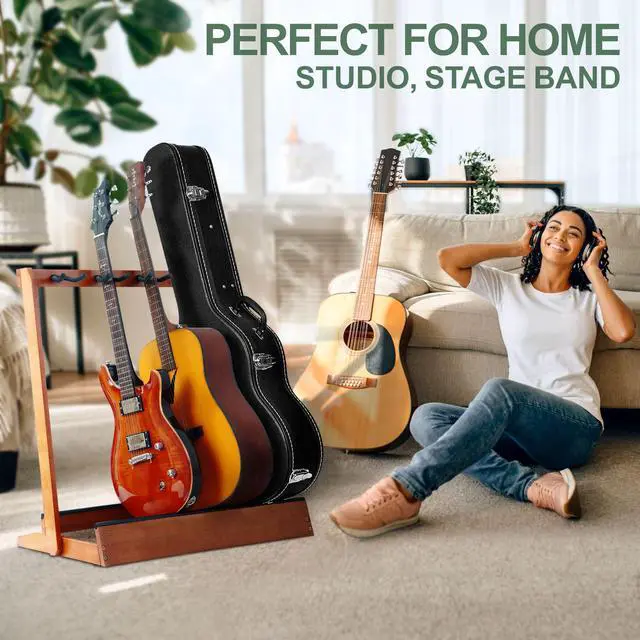 Alt view image 4 of 7 - Multiple Guitar Stand 5 Holders Wooden Guitar Stands Floor Rack for Guitars and Case,Electric,Acoustic Guitar, Bass, Cello-German Ash wood