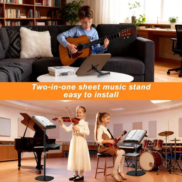 Alt view image 2 of 6 - 2-in-1 Wooden Music Stand, Floor & Tabletop Sheet Music Stand with Tray | Music Stand for Sheet Music 16.5"-51" Adjustable Height & Tilting Angle, Ideal for Violin, Guitar & Classroom (Walnut Effect)