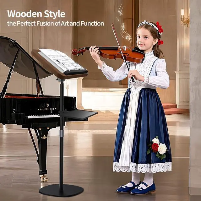 Alt view image 3 of 6 - 2-in-1 Wooden Music Stand, Floor & Tabletop Sheet Music Stand with Tray | Music Stand for Sheet Music 16.5"-51" Adjustable Height & Tilting Angle, Ideal for Violin, Guitar & Classroom (Walnut Effect)