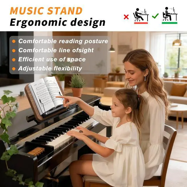 Alt view image 5 of 6 - 2-in-1 Wooden Music Stand, Floor & Tabletop Sheet Music Stand with Tray | Music Stand for Sheet Music 16.5"-51" Adjustable Height & Tilting Angle, Ideal for Violin, Guitar & Classroom (Walnut Effect)
