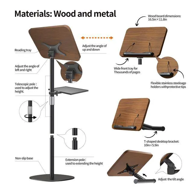 Alt view image 6 of 6 - 2-in-1 Wooden Music Stand, Floor & Tabletop Sheet Music Stand with Tray | Music Stand for Sheet Music 16.5"-51" Adjustable Height & Tilting Angle, Ideal for Violin, Guitar & Classroom (Walnut Effect)