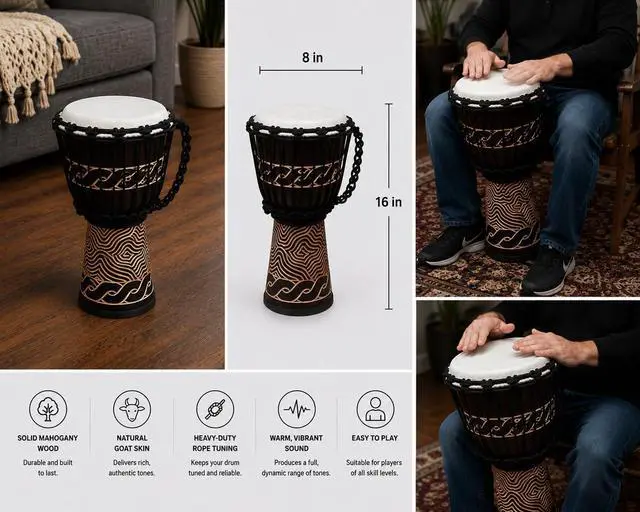 Alt view image 4 of 4 - Djembe Standard Line Carved Mahogany Wood with Natural Goat Skin, 16" Tall, 8" Head, Model NK047