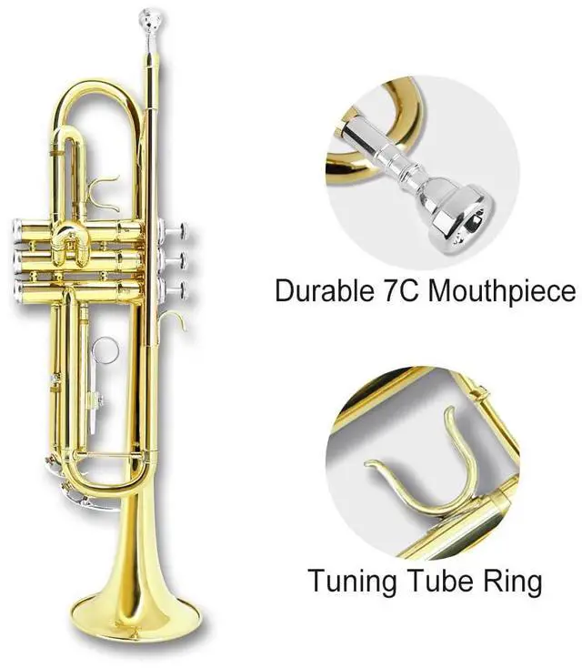 Alt view image 6 of 7 - Bb Standard Trumpet Set for Beginners or students trumpet instrument with Carrying Hard Case 7C Mouthpiece Cleaning Cloth Gloves