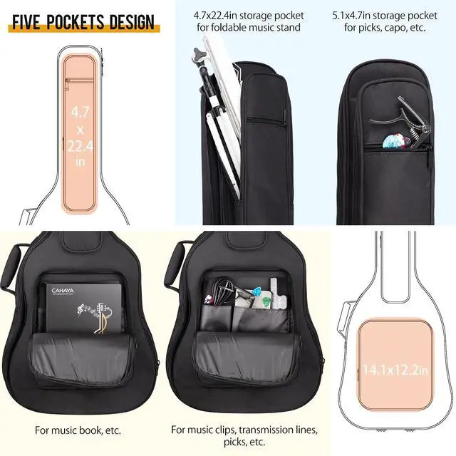 Alt view image 3 of 6 - Acoustic Guitar Case Soft Padded Guitar Bag 0.7 In Thick Sponge Reinforced Gig Bag with 5 Pockets,Neck Cradle,Back Hanger Loop for 39 40 41 In Acoustic Classical Guitars CY0244