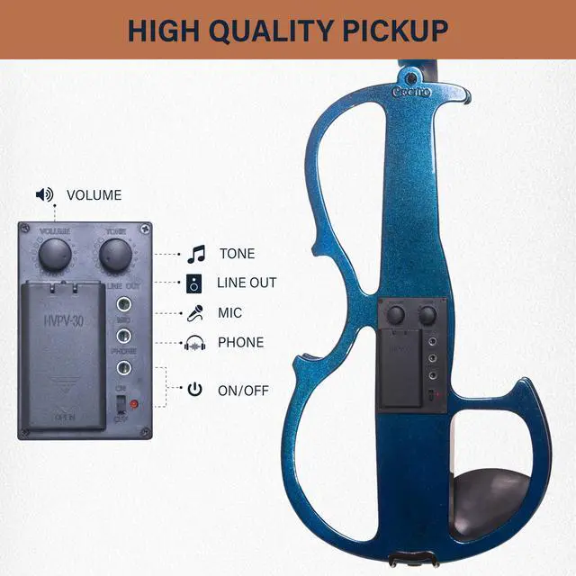 Alt view image 5 of 7 - 4/4 Electric Silent Violin Set, Solid Maple, Ebony Fittings, Blue