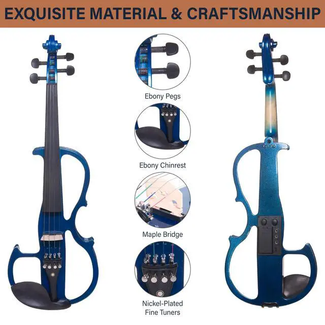 Alt view image 6 of 7 - 4/4 Electric Silent Violin Set, Solid Maple, Ebony Fittings, Blue