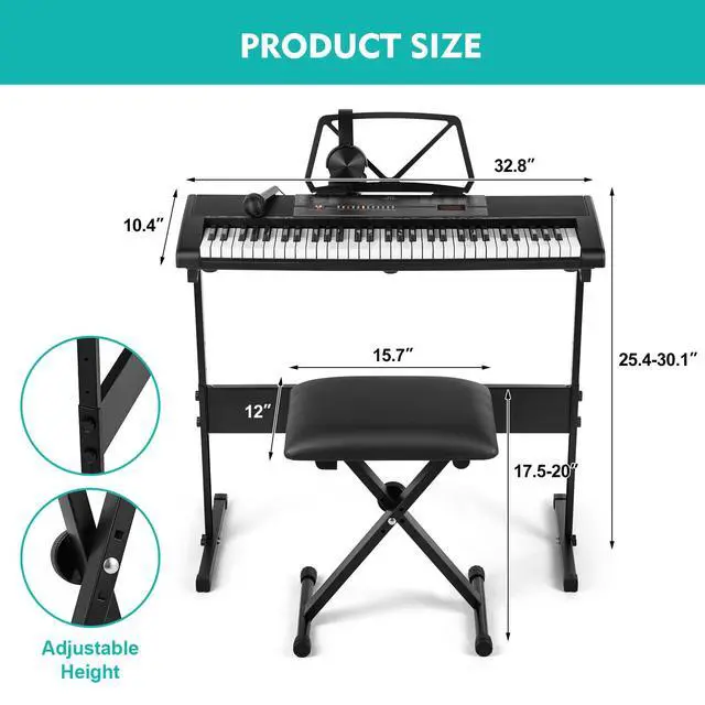 Alt view image 2 of 7 - 61 Key Piano Keyboard, Electric Piano Keyboard with Lighted Up Keys | Learning Keyboards Piano for Beginners With Piano Stand, LCD Screen, Headphones, Microphone (Black with Stool)