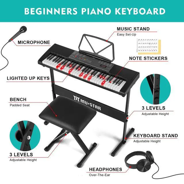 Alt view image 4 of 7 - 61 Key Piano Keyboard, Electric Piano Keyboard with Lighted Up Keys | Learning Keyboards Piano for Beginners With Piano Stand, LCD Screen, Headphones, Microphone (Black with Stool)