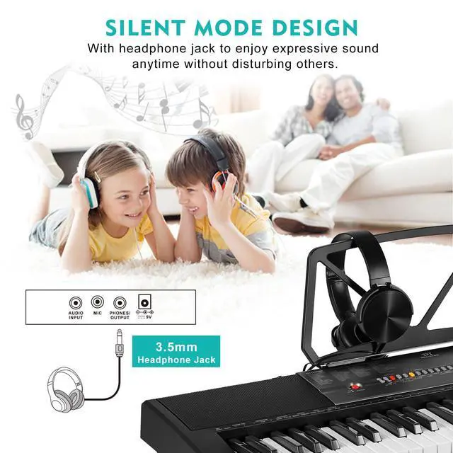 Alt view image 7 of 7 - 61 Key Piano Keyboard, Electric Piano Keyboard with Lighted Up Keys | Learning Keyboards Piano for Beginners With Piano Stand, LCD Screen, Headphones, Microphone (Black with Stool)