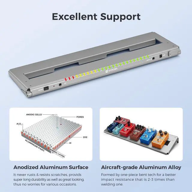 Alt view image 4 of 7 - Pro Guitar Pedal Board with 12-Isolated High-Current Power Supply, PD-XL Aluminum Folding Extended 30% More Space Powered Pedalboard Includes Premium Gig Bag, 21"x6.5", 2.7lb, Gray