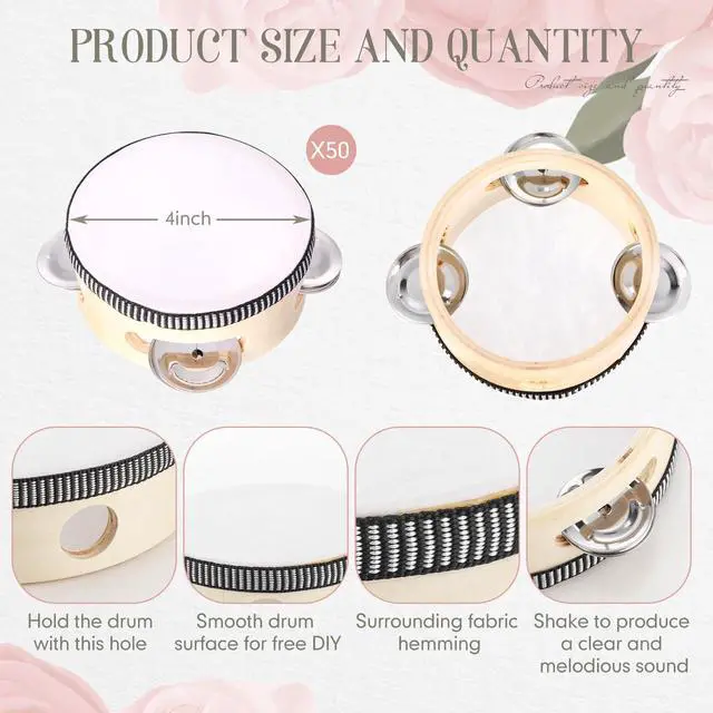 Alt view image 2 of 7 - 50 Pcs 4 Inch Wedding Tambourine Bulk Drum for Adults Hand Held Percussion Gift Wood Metal Jingles Musical Educational Drum Instrument for Church Wedding Party Favor