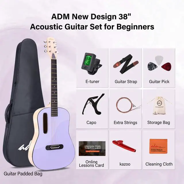 Alt view image 2 of 7 - Acoustic Guitar Kits for Beginners Adults - 38" Steel-String Guitars Bundle with Online Lesson Wooden Bowl Guitarra Starter Set Package with Bag, Strap, Picks, Capos, Kazoo, Purple