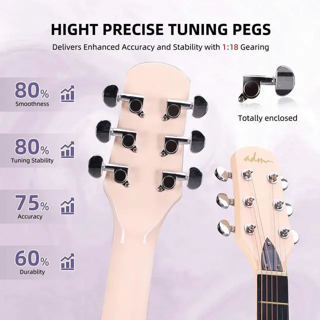 Alt view image 5 of 7 - Acoustic Guitar Kits for Beginners Adults - 38" Steel-String Guitars Bundle with Online Lesson Wooden Bowl Guitarra Starter Set Package with Bag, Strap, Picks, Capos, Kazoo, Purple