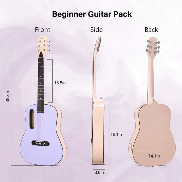 Alt view image 3 of 7 - Acoustic Guitar Kits for Beginners Adults - 38" Steel-String Guitars Bundle with Online Lesson Wooden Bowl Guitarra Starter Set Package with Bag, Strap, Picks, Capos, Kazoo, Purple