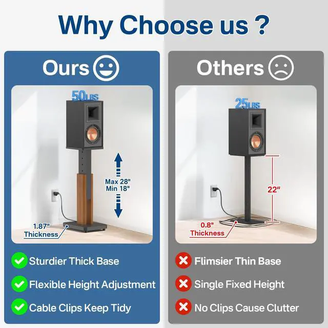 Alt view image 3 of 7 - Height Adjustable Speaker Stands Pair for Studio Monitor & Bookshelf Speaker Stands-Wood Grain Floor Speaker Stands for Klipsch, ELAC, JBL, KEF, Edifier Surround Sound Speaker Stand Up to 50 Lbs