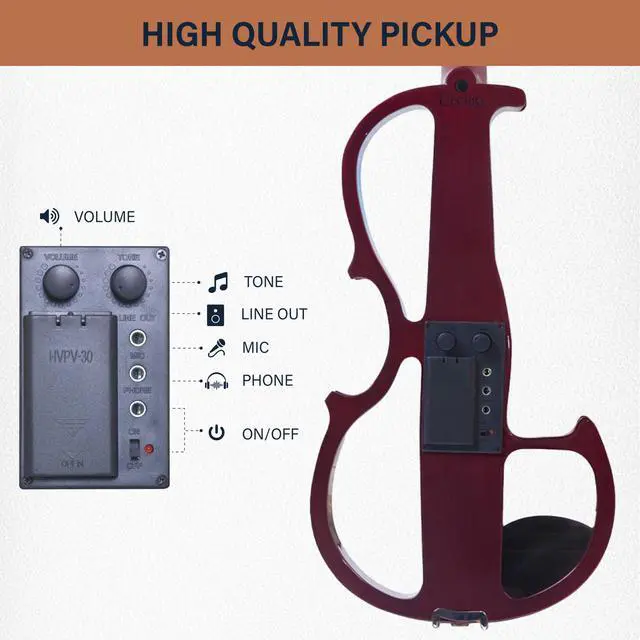 Alt view image 4 of 7 - 4/4 Full Size Electric Violin, Solid Maple with Ebony Fittings, Red