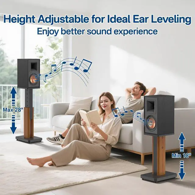 Alt view image 4 of 7 - Height Adjustable Speaker Stands Pair for Studio Monitor & Bookshelf Speaker Stands-Wood Grain Floor Speaker Stands for Klipsch, ELAC, JBL, KEF, Edifier Surround Sound Speaker Stand Up to 50 Lbs