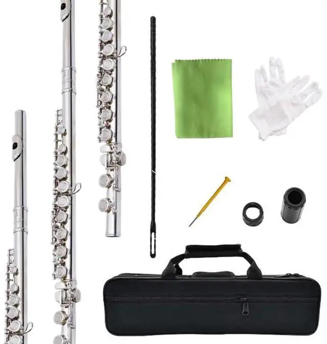 Main image of flute 16-hole closed-hole C-tone nickel-plated, beginner to play graded flute, with box and cleaning kit
