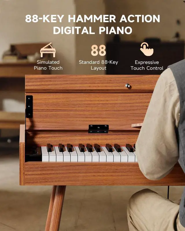 Alt view image 2 of 7 - EUP-100 Digital Piano 88 Key Weighted Keyboard Full Size, Home Digital Keyboard Piano Gifts for Beginners Daughter, with Cover, Headphone, Three-Pedal, Wireless Midi & Recording, Retro Wood
