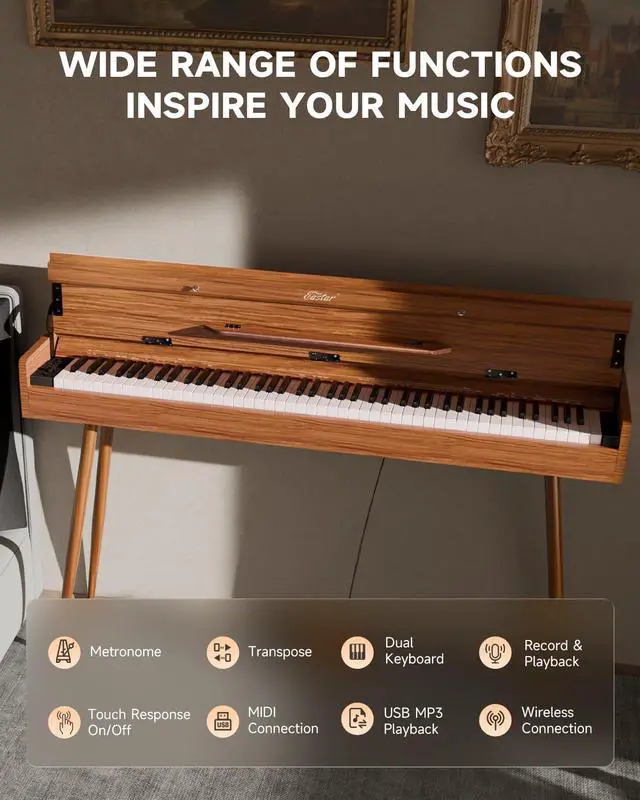 Alt view image 3 of 7 - EUP-100 Digital Piano 88 Key Weighted Keyboard Full Size, Home Digital Keyboard Piano Gifts for Beginners Daughter, with Cover, Headphone, Three-Pedal, Wireless Midi & Recording, Retro Wood