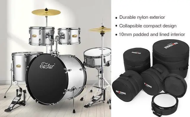 Alt view image 4 of 6 - 5 Piece 10mm Padded Drum Bag Set for 12" Tom, 13" Tom, 14" Snare, 16" Floor Tom, 22" Bass Drum Carrying Cases Cover