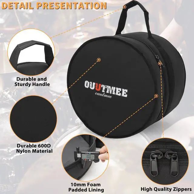 Alt view image 2 of 6 - 5 Piece 10mm Padded Drum Bag Set for 12" Tom, 13" Tom, 14" Snare, 16" Floor Tom, 22" Bass Drum Carrying Cases Cover