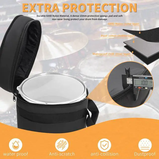 Alt view image 3 of 6 - 5 Piece 10mm Padded Drum Bag Set for 12" Tom, 13" Tom, 14" Snare, 16" Floor Tom, 22" Bass Drum Carrying Cases Cover