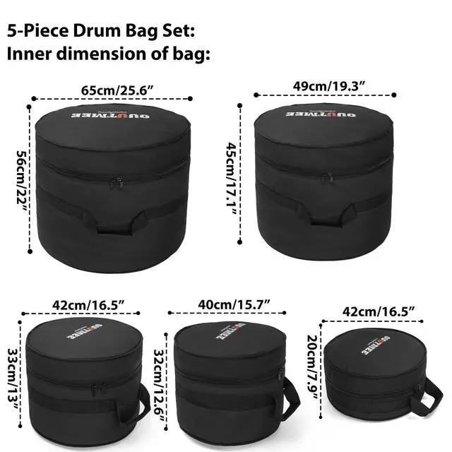 Alt view image 6 of 6 - 5 Piece 10mm Padded Drum Bag Set for 12" Tom, 13" Tom, 14" Snare, 16" Floor Tom, 22" Bass Drum Carrying Cases Cover