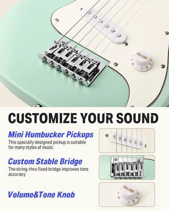 Alt view image 3 of 7 - 30 Inch Kids Electric Guitar Beginner Kits ST Style Mini Electric Guitar for Boys Girls with Amp, 600D Bag, Tuner, Picks, Cable, Strap, Extra Strings, DSJ-100, Green