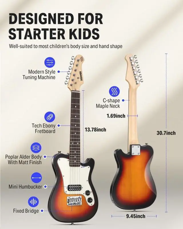 Alt view image 2 of 7 - 30 Inch Kids Electric Guitar Beginner Kit TL Style Mini Electric Guitar for Kids with Amp, 600D Bag, Tuner, Picks, Cable, Strap and Extra Strings, DTJ-100S, Sunburst