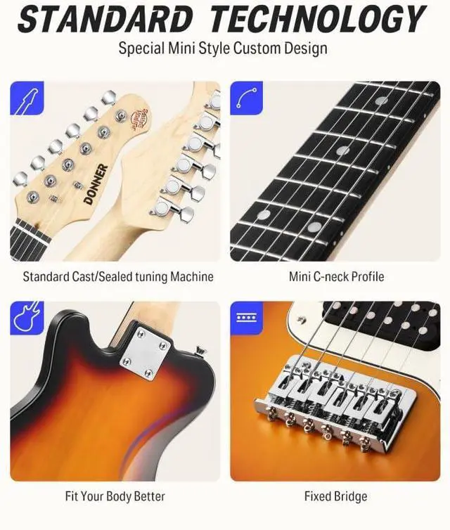 Alt view image 4 of 7 - 30 Inch Kids Electric Guitar Beginner Kit TL Style Mini Electric Guitar for Kids with Amp, 600D Bag, Tuner, Picks, Cable, Strap and Extra Strings, DTJ-100S, Sunburst
