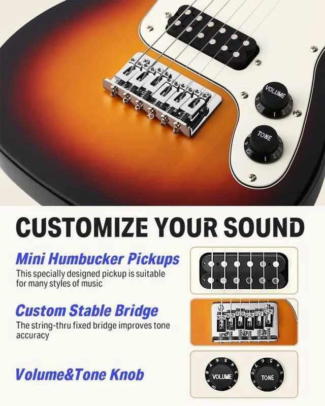 Alt view image 3 of 7 - 30 Inch Kids Electric Guitar Beginner Kit TL Style Mini Electric Guitar for Kids with Amp, 600D Bag, Tuner, Picks, Cable, Strap and Extra Strings, DTJ-100S, Sunburst