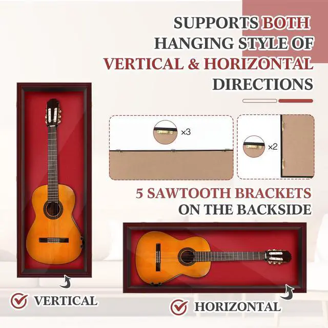 Alt view image 3 of 7 - Electric/Acoustic Guitar Display Case Wall Mount Guitar Case Cabinet Shadow Box with Hanger Stand and Lock 98% UV Protection Acrylic Clear Door for Musician Collection(Red Brown,45'')