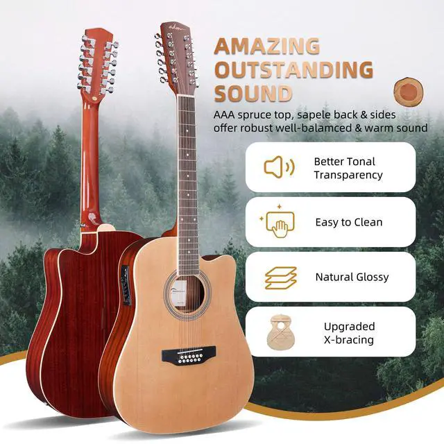 Alt view image 2 of 7 - Advanced 12 String Acoustic Electric Guitar, Full Size 42" Twelve String Guitar Bundle 4-Band EQ Electroacoustic Set for Beginner Intermediate Adults Teens, Bag, Picks, Capo, Cable, Strap, Natural